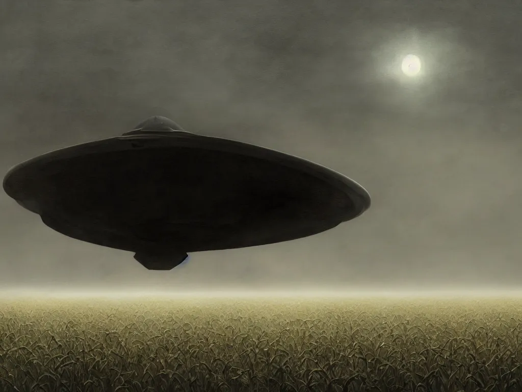 Prompt: Dark fantasy Painting of a UFO spaceship floating over a foggy corn field at night, creepy, unsettling, horror, thriller, mystery, intricate, wild, highly detailed, digital painting, artstation, concept art, smooth, sharp focus, illustration, art by artgerm and greg rutkowski and alphonse mucha