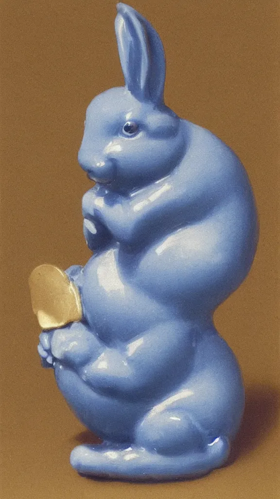 Prompt: a porcelain blue rabbit with a golden details have a japanese pipe painted by john singer sargent