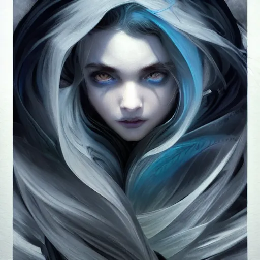 Image similar to Despair is a hue created with swirls of black gouache, hopeless grey, and a daub of cold blue, intricate, highly detailed, digital painting, artstation, concept art, smooth, sharp focus, illustration, Unreal Engine 5, 8K, art by artgerm and greg rutkowski and alphonse mucha, fantasy epic digital art, epic fantasy card game art