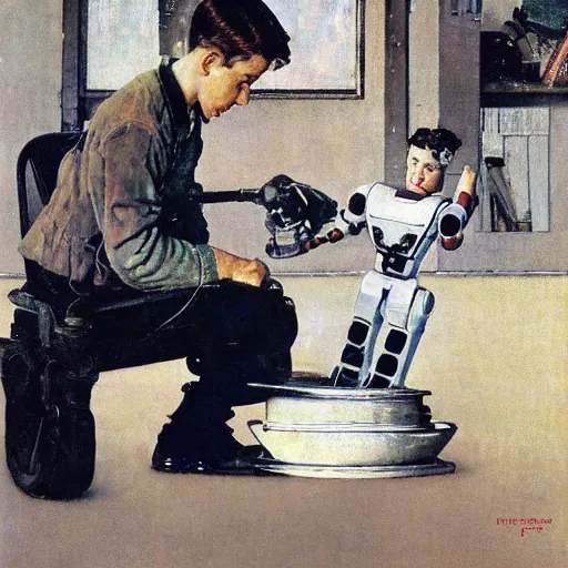 Image similar to a Norman Rockwell painting of a boy fixing his robot