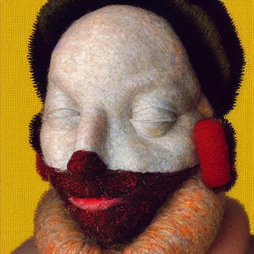 Image similar to portrait photo of a wool sock with face made from pixels and voxels and popcorn, Perfect face, extremely high details, realistic, by Giuseppe Arcimboldo, Edward Hopper, Rene Margitte