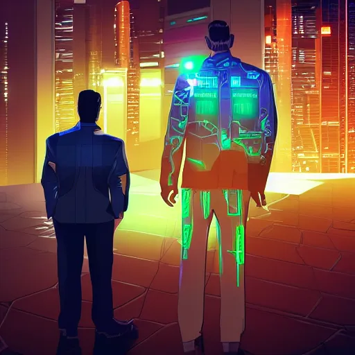 Image similar to two cyberpunk businessmen, detailed digital illustration, nighttime, colorful lighting, android netrunner