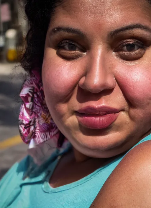 Image similar to close up portrait of a beautiful, chubby, 30-year-old Cuban woman, happy, candid street portrait in the style of Martin Schoeller, award winning, Sony a7R