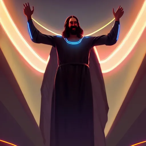 Image similar to tron legacy jesus laughing at church, diffuse lighting, hyper realistic, concept art, intricate, hyper detailed, smooth, sharp focus, illustration, trending on artstation, art by greg rutkowski and james gurney and alphonse mucha