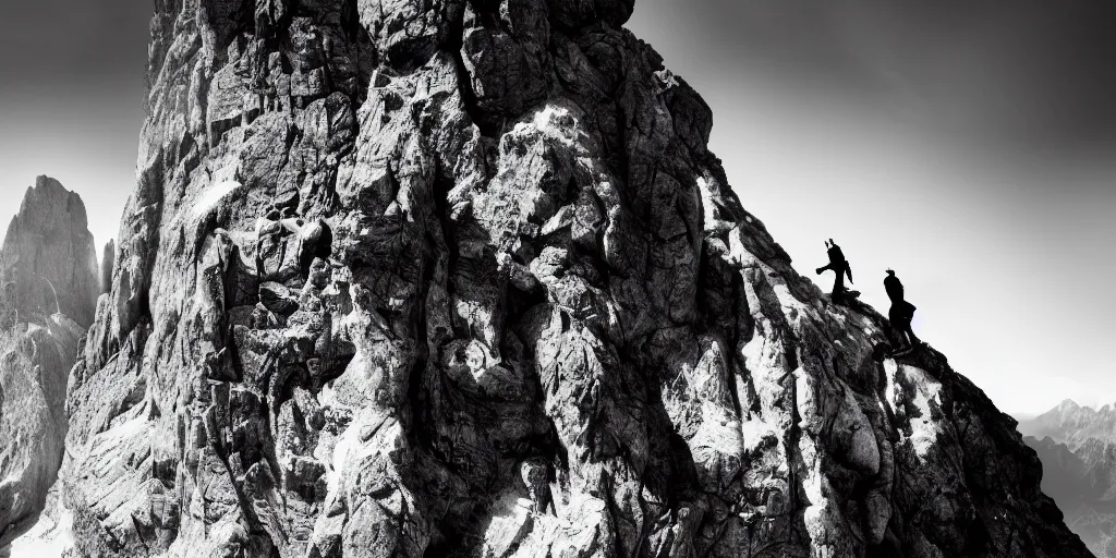 Prompt: ego perspective photography of hands holding climbing mountain in the dolomites, climbing, dolomites, alpine, detailed intricate insanely detailed octane render, 8k artistic 1920s photography, photorealistic, black and white, chiaroscuro, hd, by David Cronenberg, Raphael, Caravaggio