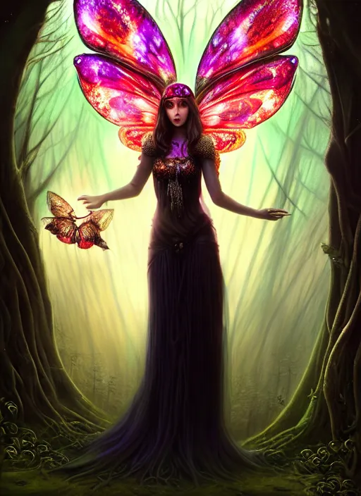 Prompt: stunningly beautiful female faerie priestess in amanita muscaria forest landscape, symmetrical wings on back, neon hair, fantasy art, wearing a dress of gossamer black, inner glow, illustration, dramatic lighting, soft details, painting, art nouveau, octane render, 8 k, hd, by edmund blair leighton, brom, charlie bowater, faces by otto schmidt