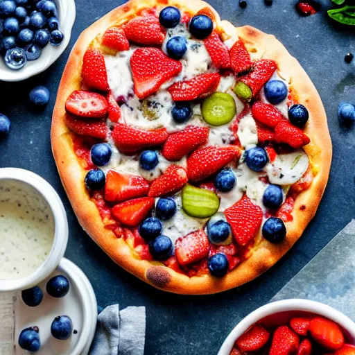 Prompt: a photograph of a professionally baked pizza topped with strawberries, blueberries, pickles, and ranch dressing