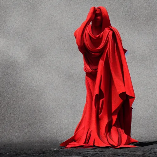 Image similar to a roman statue covered by red cloth that's blowing in the wind, digital art, concept art, cloth simulation with houdini, octane, redshift, 8 k