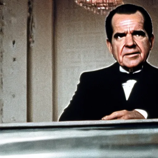Prompt: A movie still of Richard Nixon in The Shining