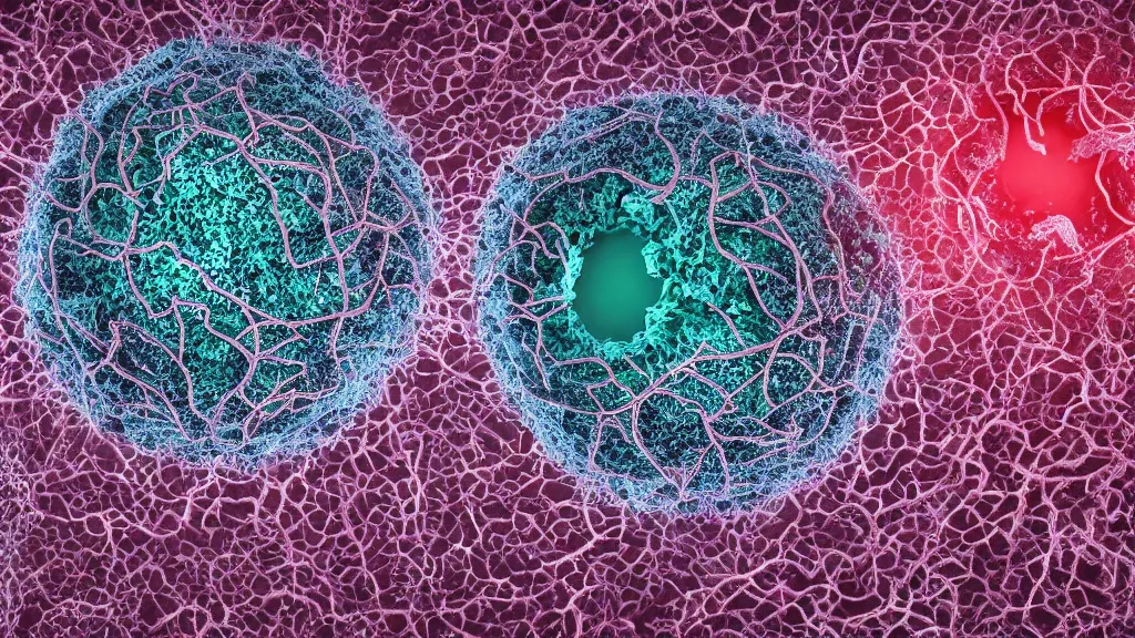 Prompt: beautiful 3 d closeup color photo of deadly virus infecting a cell, seen through an electron microscope, detailed, high contrast, scientific illustration, 8 k, octane render