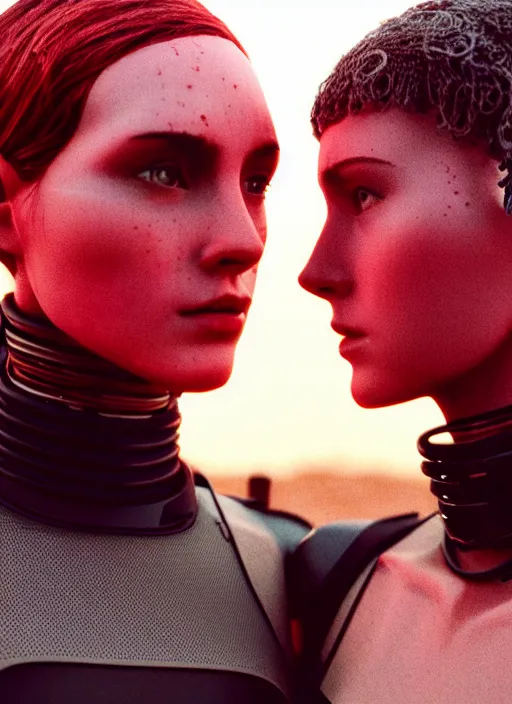 Image similar to cinestill 5 0 d photographic portrait of two loving female androids wearing rugged black mesh cutout waist techwear on a desolate plain with a red sky, extreme closeup, modern cyberpunk, dust storm, 8 k, hd, high resolution, 3 5 mm, f / 3 2, ultra realistic faces, ex machina, blade runner