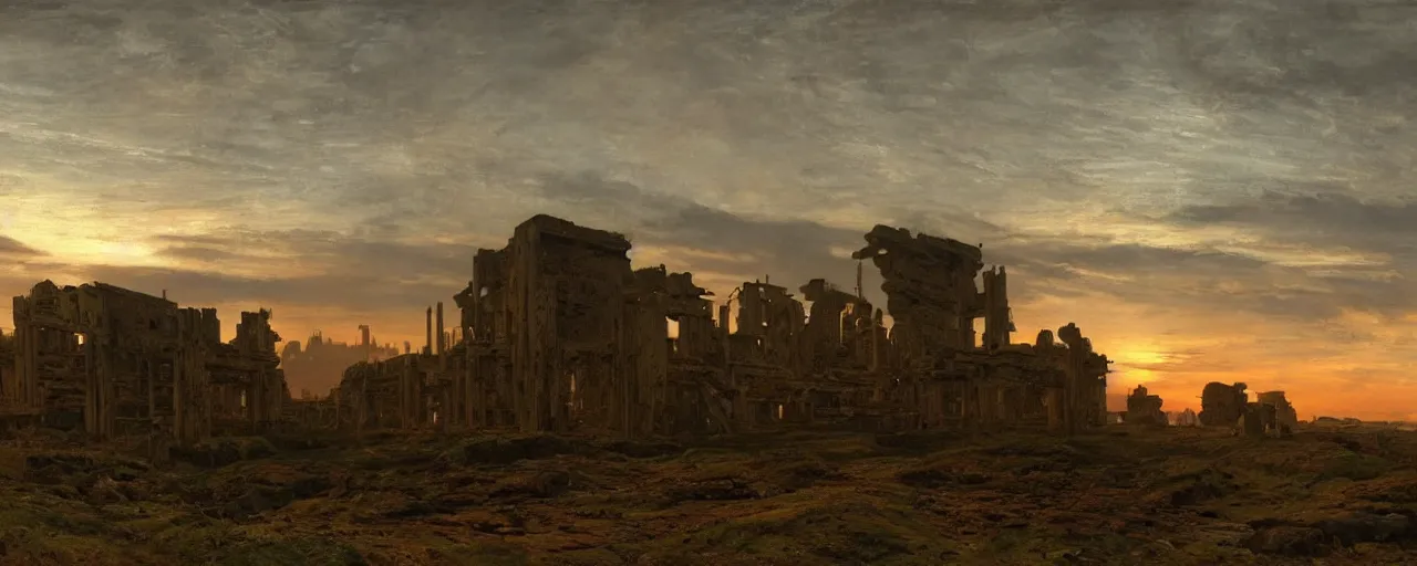 Prompt: a landscape of ancient ruined cyberpunk megastructures, partially operational, joseph wright of derby, peder severin kroyer, unreal engine, detailed, at dusk.