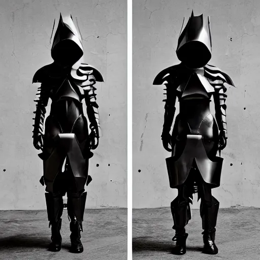 Prompt: Battle armor designed by Rick Owens, fashion photography