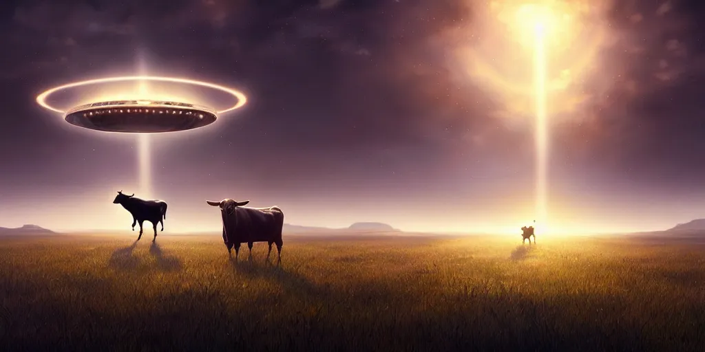 Prompt: a beautiful ufo abducting a cow from a field, digital art, landscape, fantasy art, octane render, unreal engine, high detail, very realistic, by greg rutkowski. by james gurney