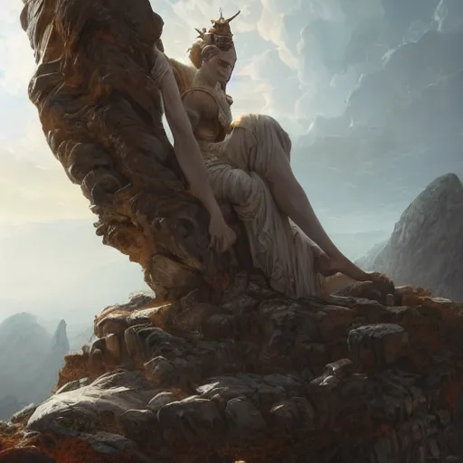 Prompt: Beautiful cinematic scene of a gigantic marble statue of a goddess on top of a mountain, epic, megalophobia, cinematic lighting, insanely detailed, painting by Greg Rutkowski, Artstation