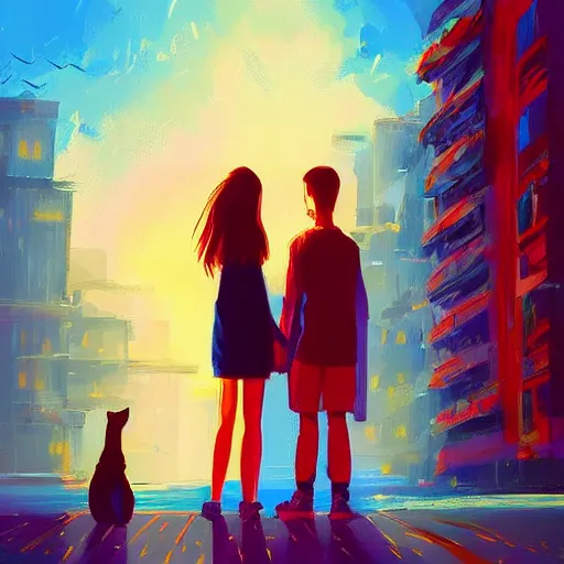 Image similar to a teenage girl and a teenage boy and a cat, art by Alena Aenami