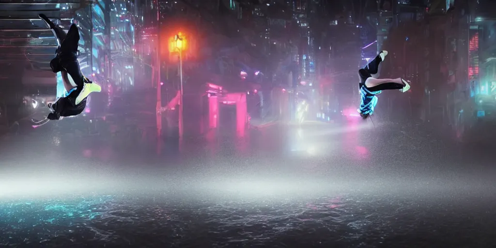 Image similar to cinematic camera wide angle of slow motion film still of futuristic break dancer wearing neon lights, long exposure shot , at night in the middle of an environment with only water and fog, paddle of water, water splashes, rim lights, glossy reflections, water droplets on lens, detailed and soft, by Ruan Jia and Mandy Jurgens and Artgerm and william-adolphe bouguereau and Greg Rutkowski and Wayne Barloweglints, lens flares