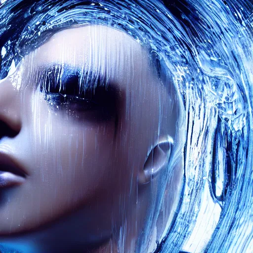 Prompt: epic still of kim kardashian trapped in a transparent alien liquid, wet flowing hair, gooey skin, illustration, unreal engine 5, 8 k, made by h. r. giger