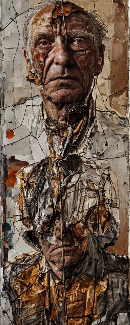 Image similar to a full length portrait of a very ordinary old man with a blank expression, Anselm Kiefer and Lucian Freud and Jenny Saville, oil painting, rust, Scaffolding, rusted metal and sunflowers, iron cladding, decay, mixed media, textured, anatomically correct, beautiful perfect face, visible brushstrokes, sharp focus, Highly Detailed, Cinematic Lighting, 8k, HD