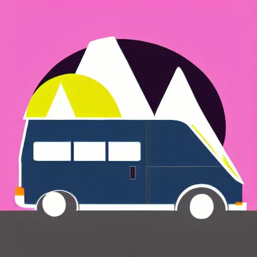 Prompt: vector art of a white and black cute thor chateau! motorhome camper!!, highway, mountains and colorful sunset!!, very happy, minimal vector art sticker!! by tom whalen, sanja stikovic