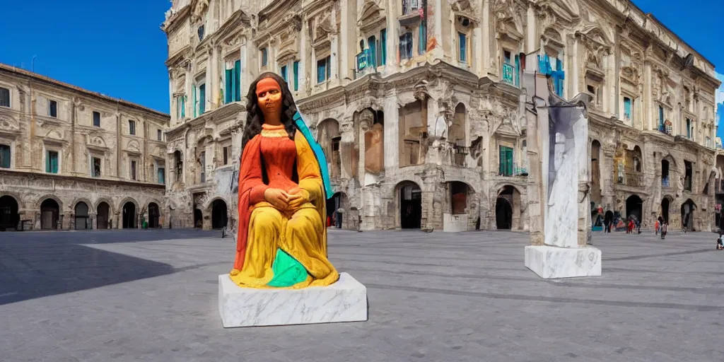Image similar to A colorful marble sculpture of The Mona Lisa in the middle of an empty Italian piazza without people, midday, 4k photograph, sunny day, long shot