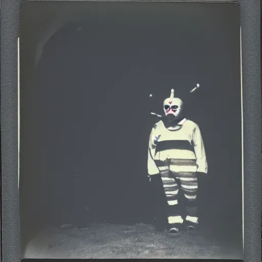 Image similar to dark Polaroid of creepy clown standing near playground