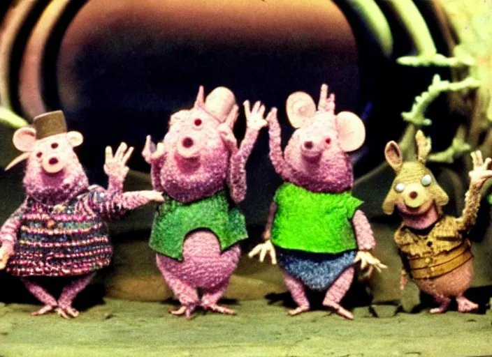 Prompt: a scene from a 1 9 7 0 s british kids tv programme by the bbc and oliver postgate, stop motion animation, the clangers, vhs distortion, folk horror