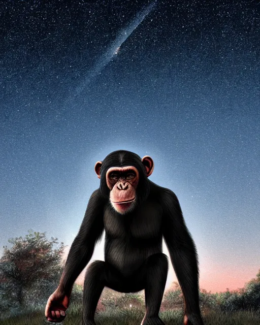 Prompt: very detailed high resolution illustration of a buff chimpanzee, backlit, stars, night, surrounded, 3 d, 8 k, extremely detailed, artstation, award winning