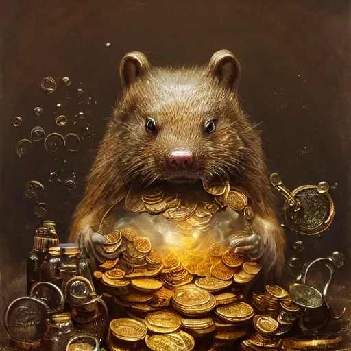 Image similar to a beautiful detailed 3d matte portrait of a alchemist beaver, by ellen jewett, by tomasz alen kopera, by Justin Gerard, ominous, magical realism, texture, intricate, skull, skeleton, gold coins, money, whirling smoke, alchemist bottles, radiant colors, fantasy, volumetric lighting, high details