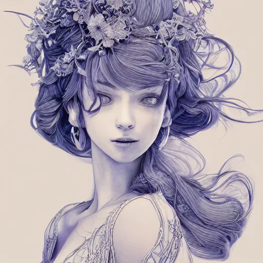 Image similar to the portrait of a blueberry that resembles an absurdly beautiful, graceful, elegant, sophisticated woman, an ultrafine hyperdetailed illustration by kim jung gi, irakli nadar, intricate linework, bright colors, octopath traveler, final fantasy, unreal engine 5 highly rendered, global illumination, radiant light, detailed and intricate environment