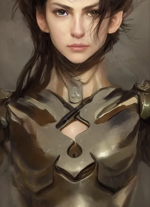 Image similar to a professional painting of a beautiful young female, clothed in military armor, olive skin, long dark hair, beautiful bone structure, symmetrical facial features, intricate, elegant, digital painting, concept art, smooth, sharp focus, illustration, from Metal Gear, by Ruan Jia and Mandy Jurgens and Artgerm and William-Adolphe Bouguerea