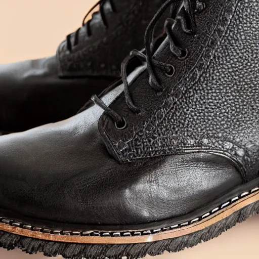 Prompt: close - up black work boots, hyper realistic, textured leather, laces, thick soles