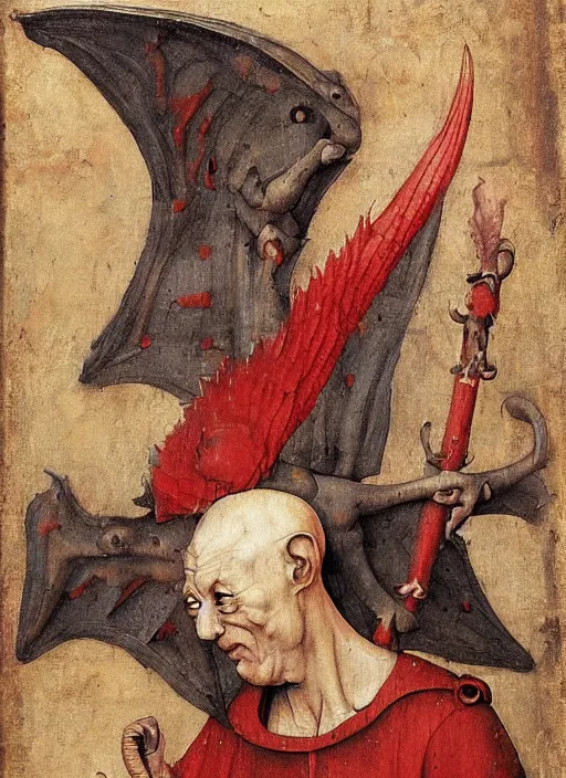 Image similar to red devil Gargoyle, Medieval painting by Jan van Eyck, Hieronymus Bosch, Florence