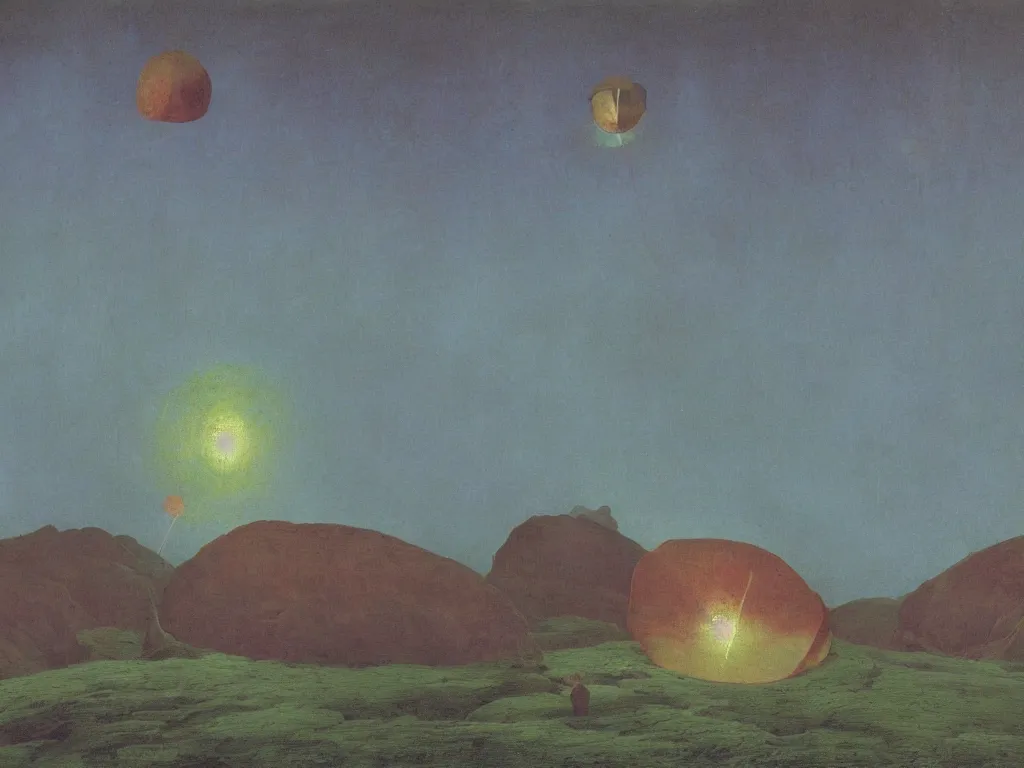 Image similar to phosphorescent, iridescent, psychedelic, marbled sphere floating in row to infinity above the hell pit mines. painting by caspar david friedrich, agnes pelton, max ernst, bosch.