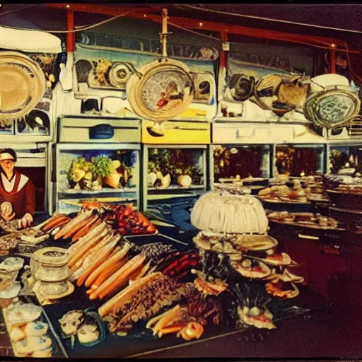 Image similar to marketplace in a space station, 1 6 mm film, 1 9 1 0 s, autochrome