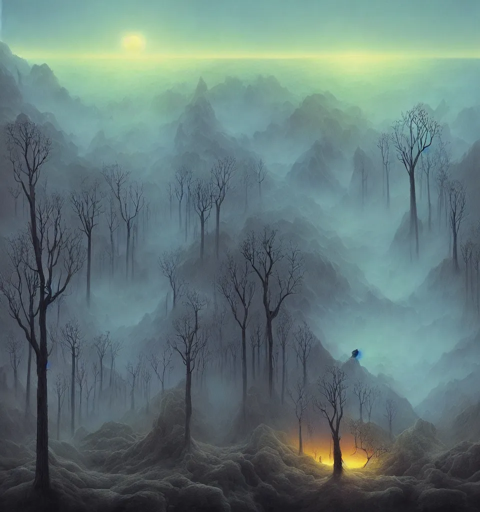 Prompt: digital matte painting of a magical explosion of sorrow, trees and mountains, transparent smoke from hell, notan sun in the background, abstract, surreal art, painted by beksinski and android jones