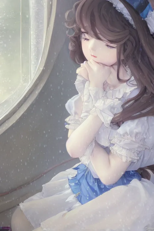 Image similar to a young lolita dressed girl in a maid's outfit in the bedroom typing front the notebook at night, raining outside the window, grey and blue theme, wavy white long hair by krenz cushart and mucha and akihito yoshida and makoto shinkai and greg rutkowski, 4 k resolution