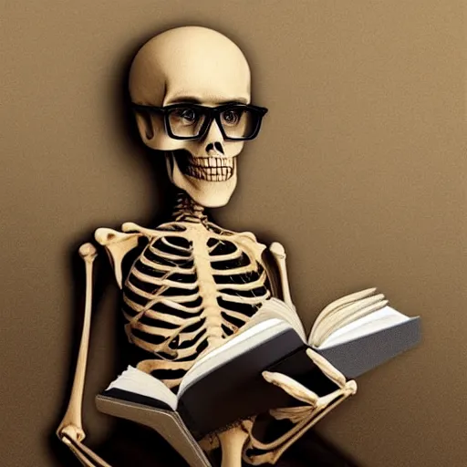 Prompt: a skeleton with glasses reading a book, realistic, hyperrealism, digital art