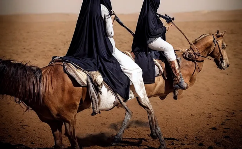 Image similar to beautiful burqa's woman, riding a horse!!! in saharan, sharp eyes, handling riffle on chest, shooting pose, perfect posture, dust, cinematic, dynamic pose, pinterest, center of interest