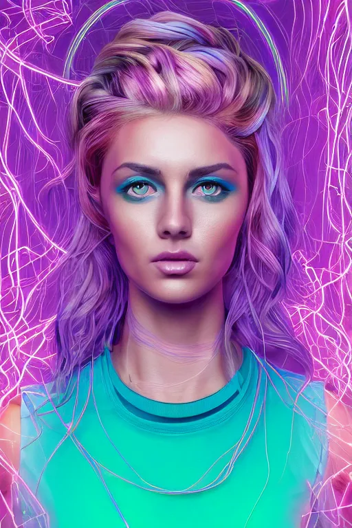 Image similar to a award winning half body portrait of a beautiful woman with stunning eyes in a croptop and cargo pants with ombre purple pink teal hairstyle and hands in pockets by thomas danthony, surrounded by whirling illuminated lines, outrun, vaporware, shaded flat illustration, digital art, trending on artstation, highly detailed, fine detail, intricate