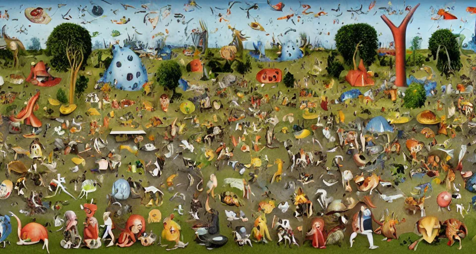 Prompt: The Garden Of Earthly Delights in the style of Richard Scarry, detailed oil painting children\'s illustration