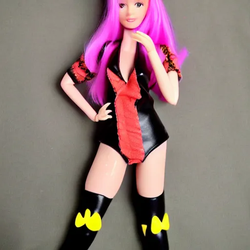 Image similar to anime barbie doll, leather bunny costume bodysuit, playboy, rabbit ears, plaid tights, full length, raspberry banana color, lace