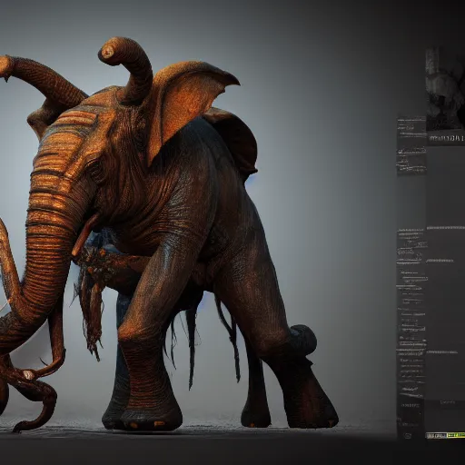 Image similar to a giant demon elephant, eldenring boss, zbrush, arnold render, unrealengine 5, dark souls, horror, extremely detailed