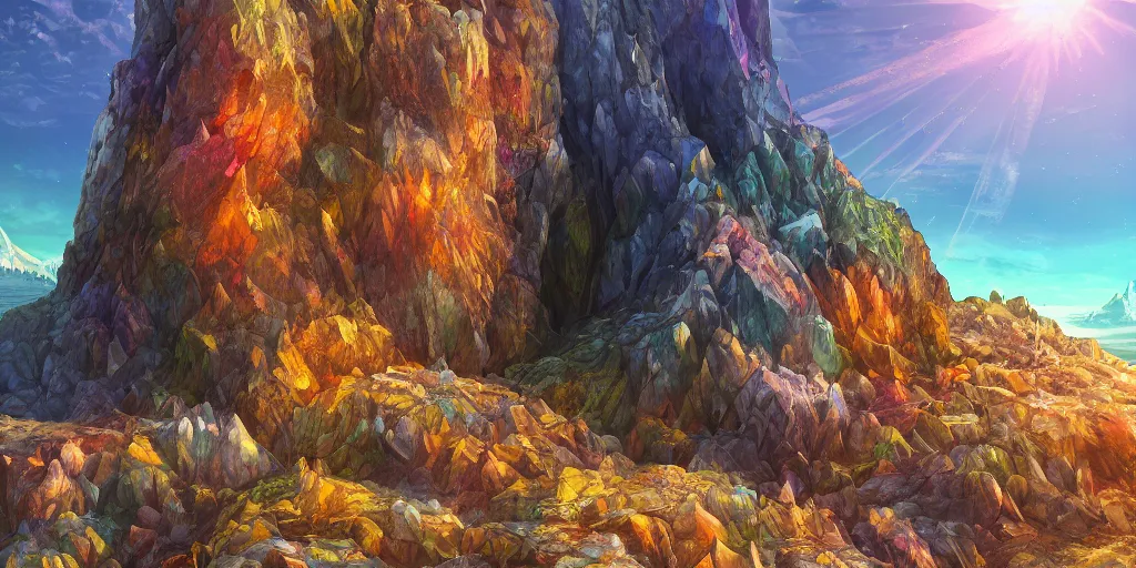 Image similar to sheer colourful rugged crystal quartz cliff, viewed from the ocean, illustration, bright sunlight, sun glints, sunrays, digital art, hyperrealistic, oil painting, fantasy, 8 k, trending on artstation, detailed