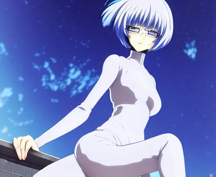 Image similar to anime art, fullbody shot of female rei ayanami, evangelion, long blue hair and large eyes, finely detailed perfect face, in a pale skintight plugsuit, sitting on rooftop, flooded city, trending on pixiv fanbox, by ilya kuvshinov, sola digital arts,, raytracing