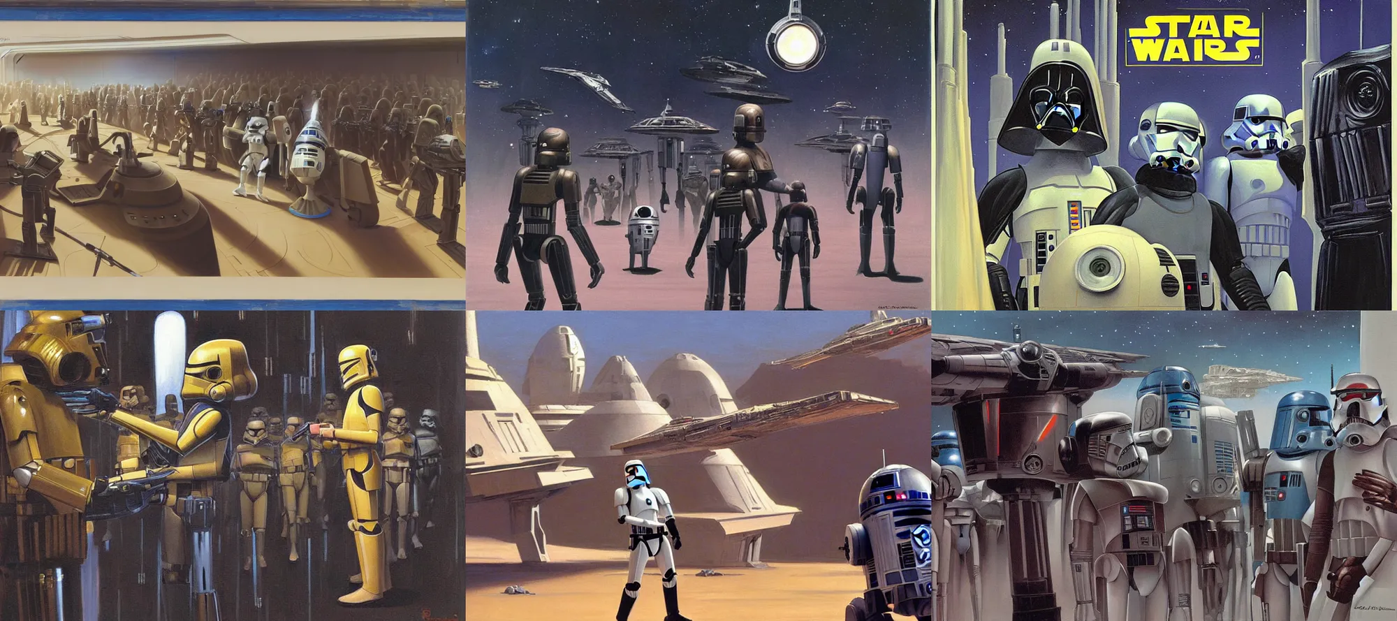 Prompt: droid auction, star wars aliens, corellia, painting by ralph mcquarrie