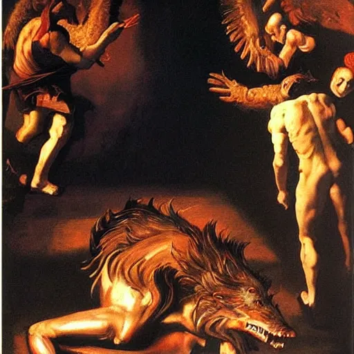 Prompt: Flaming hellhound standing at the gates of hell. Painted by Caravaggio. High quality.