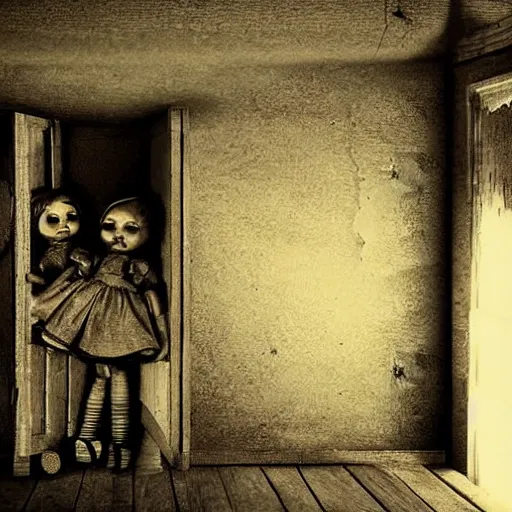 Prompt: dark attic with creepy dolls