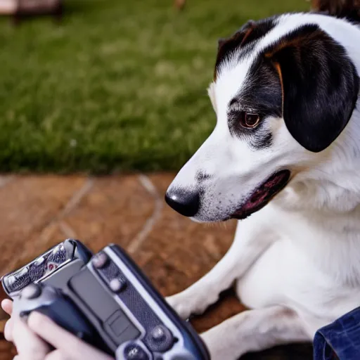 Image similar to a dog using a playstation, professional photography
