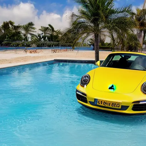 Image similar to a yellow porsche 9 1 1 in a palm beach swimming pool